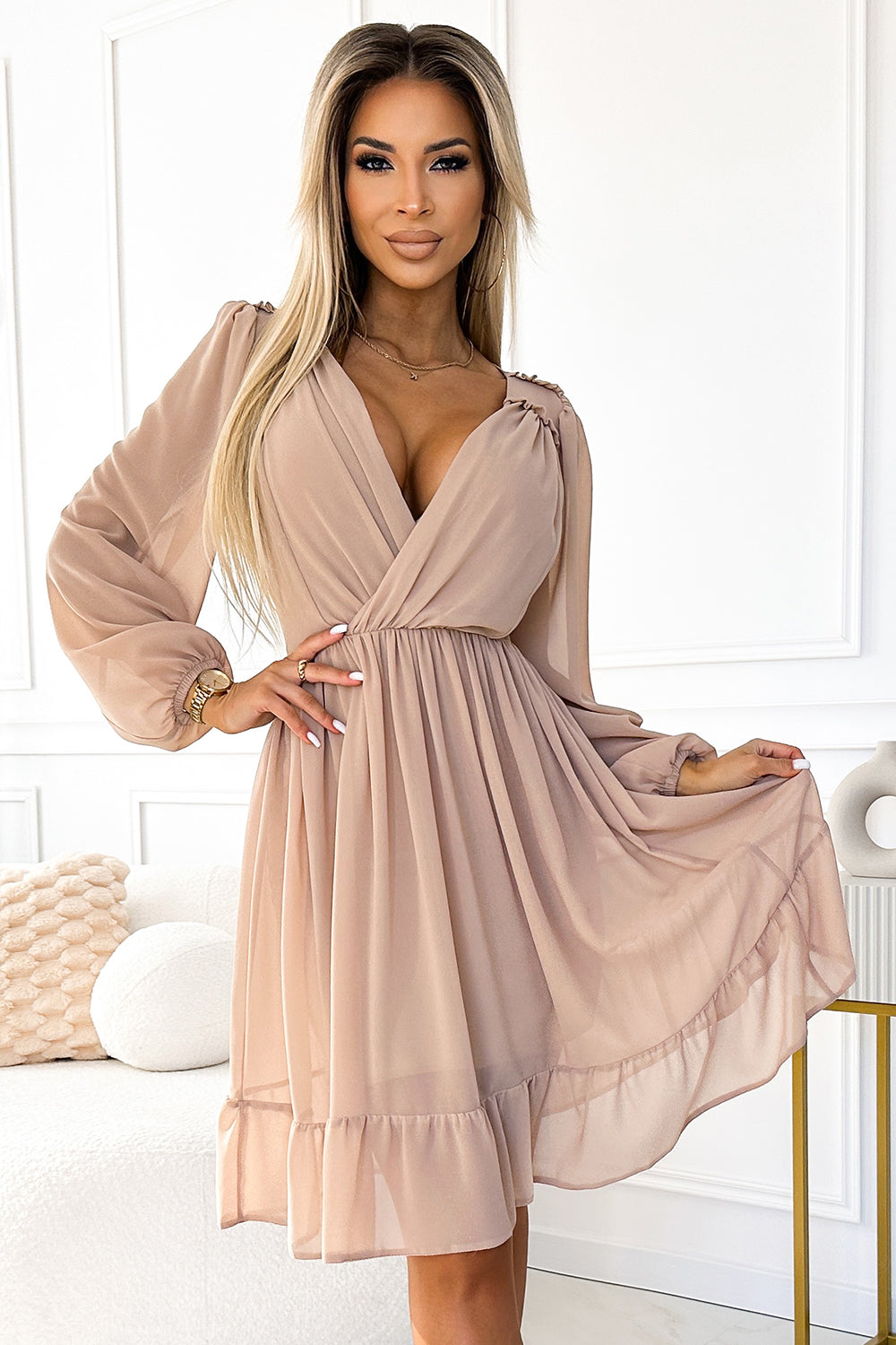 Numoco Mila Beige Midi Chiffon Cocktail Dress