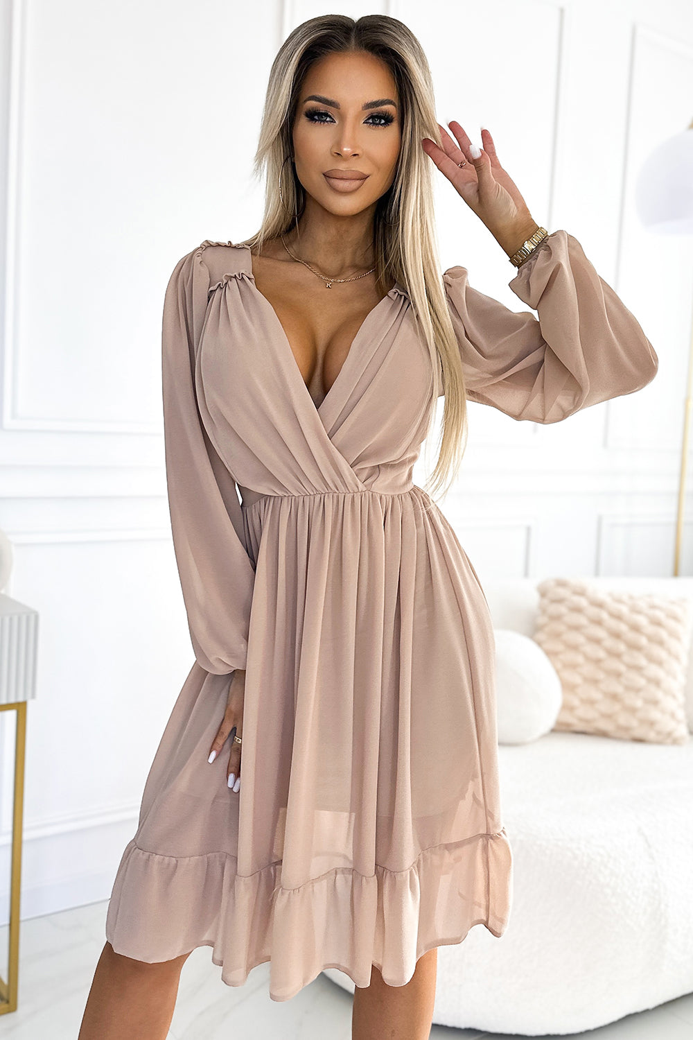 Numoco Mila Beige Midi Chiffon Cocktail Dress - view 2
