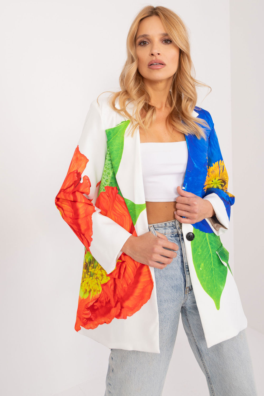Italy Moda Ecru Polyester Floral Long Sleeve Jacket