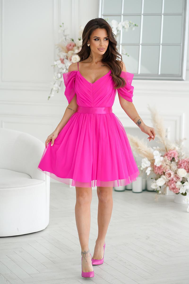Bicotone Fuchsia Mesh Flared Evening Dress - view 2