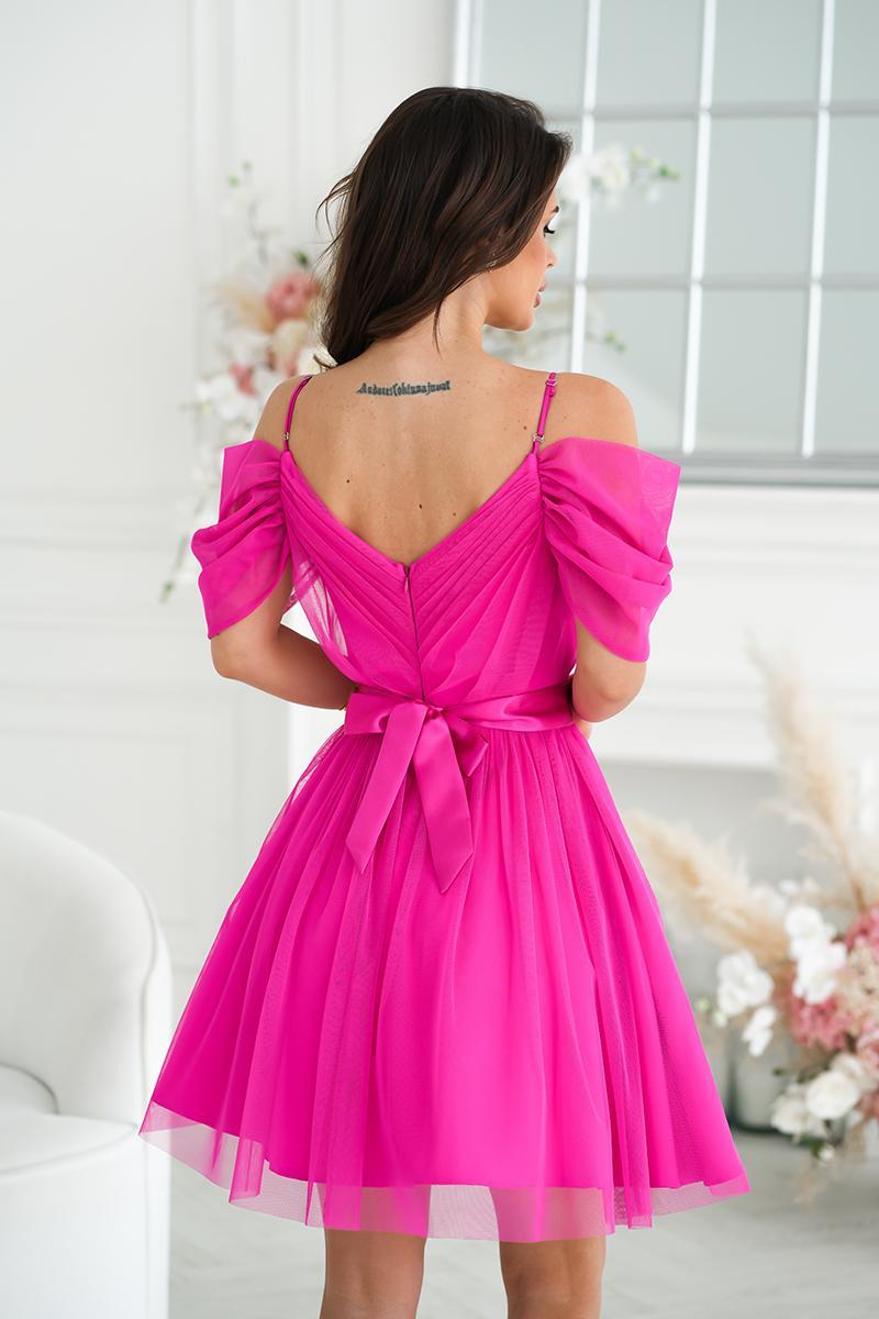 Bicotone Fuchsia Mesh Flared Evening Dress - view 3