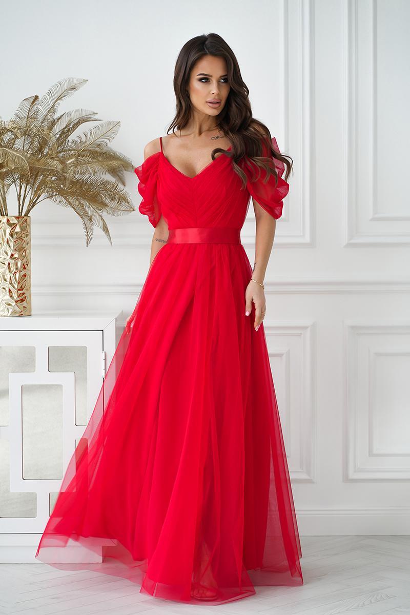 Bicotone Red Satin Flared Maxi Dress