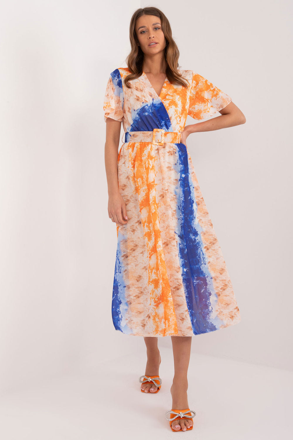 Italy Moda Orange Midi Short Sleeve Dress