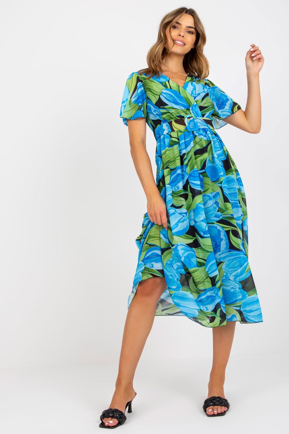 Italy Moda Blue Midi Floral Pleated Dress