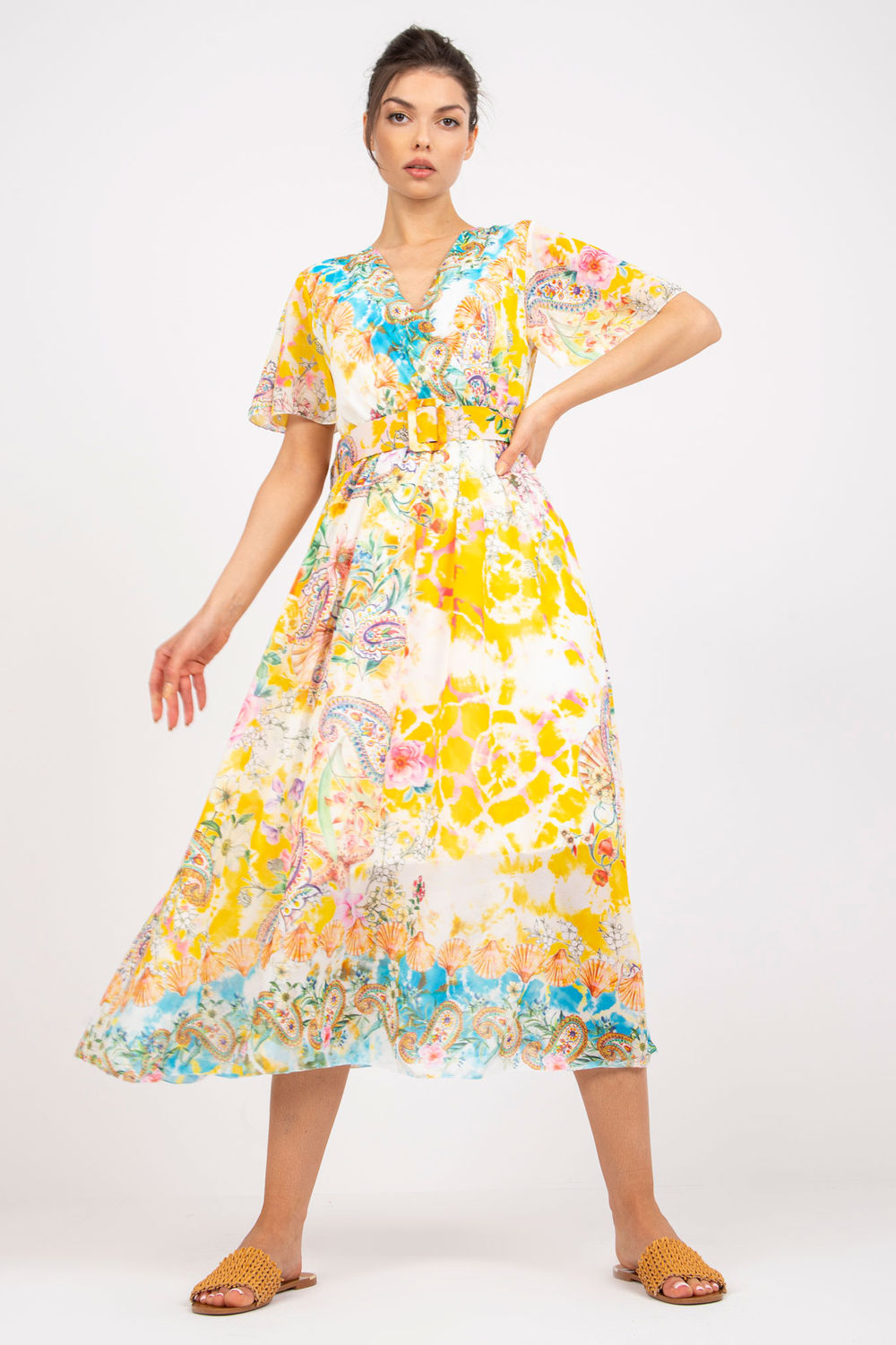 Italy Moda Yellow Midi Wrap Dress