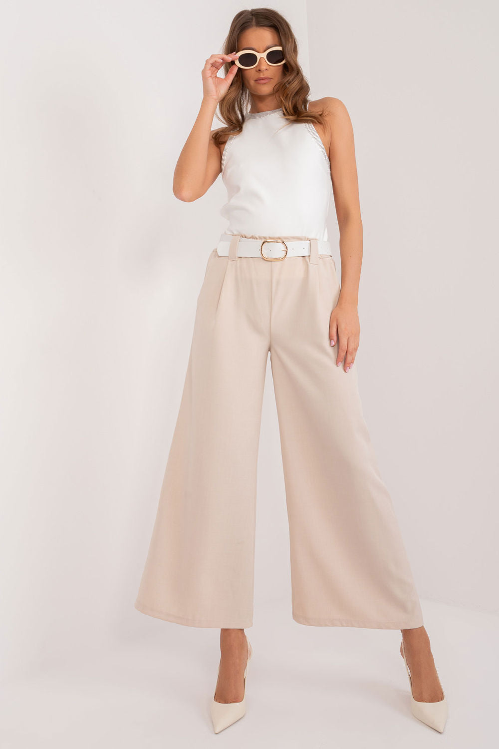 Italy Moda Light Beige Polyester Wide Leg High Waisted Trousers