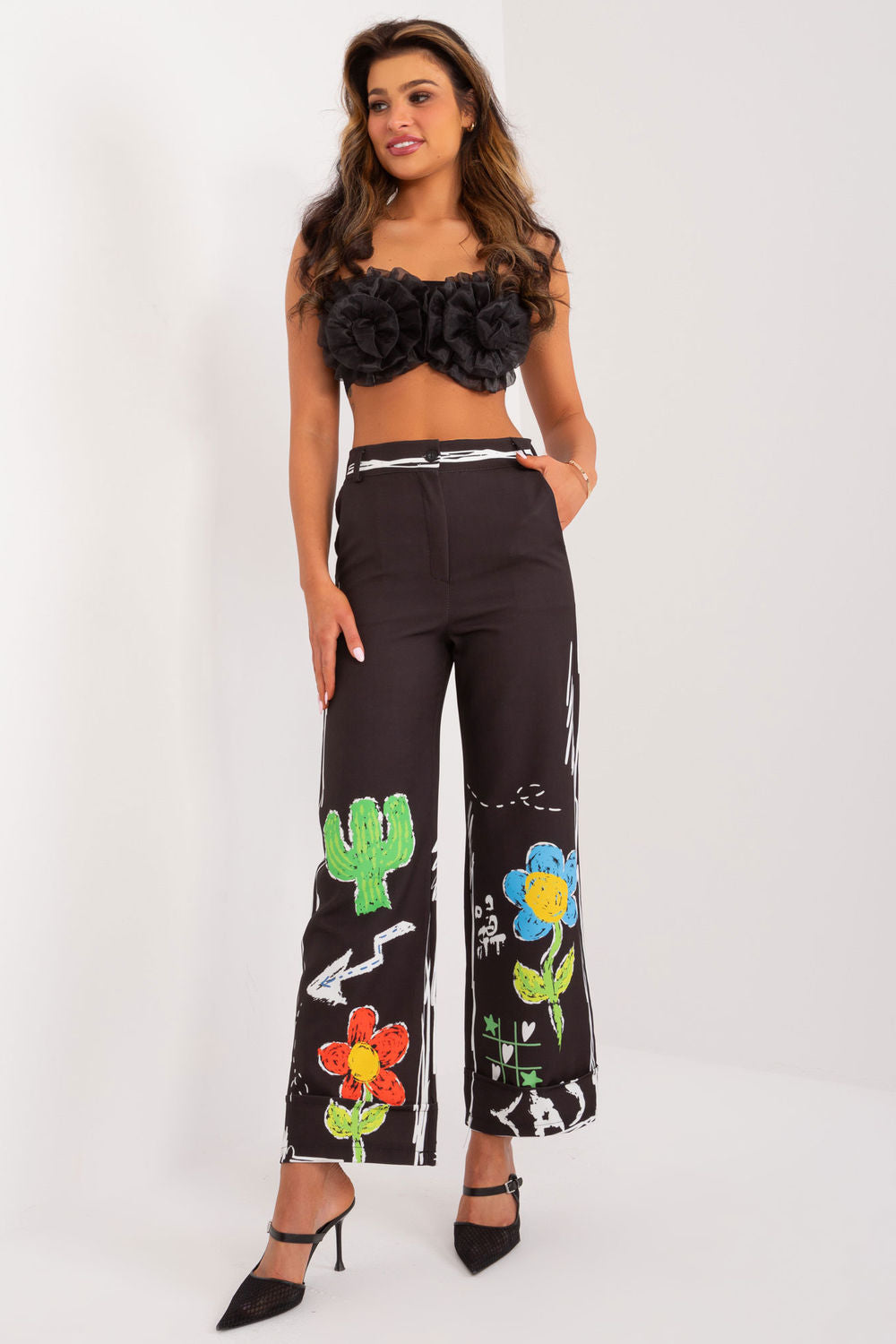 Italy Moda Black Printed Wide Leg High Waisted Trousers