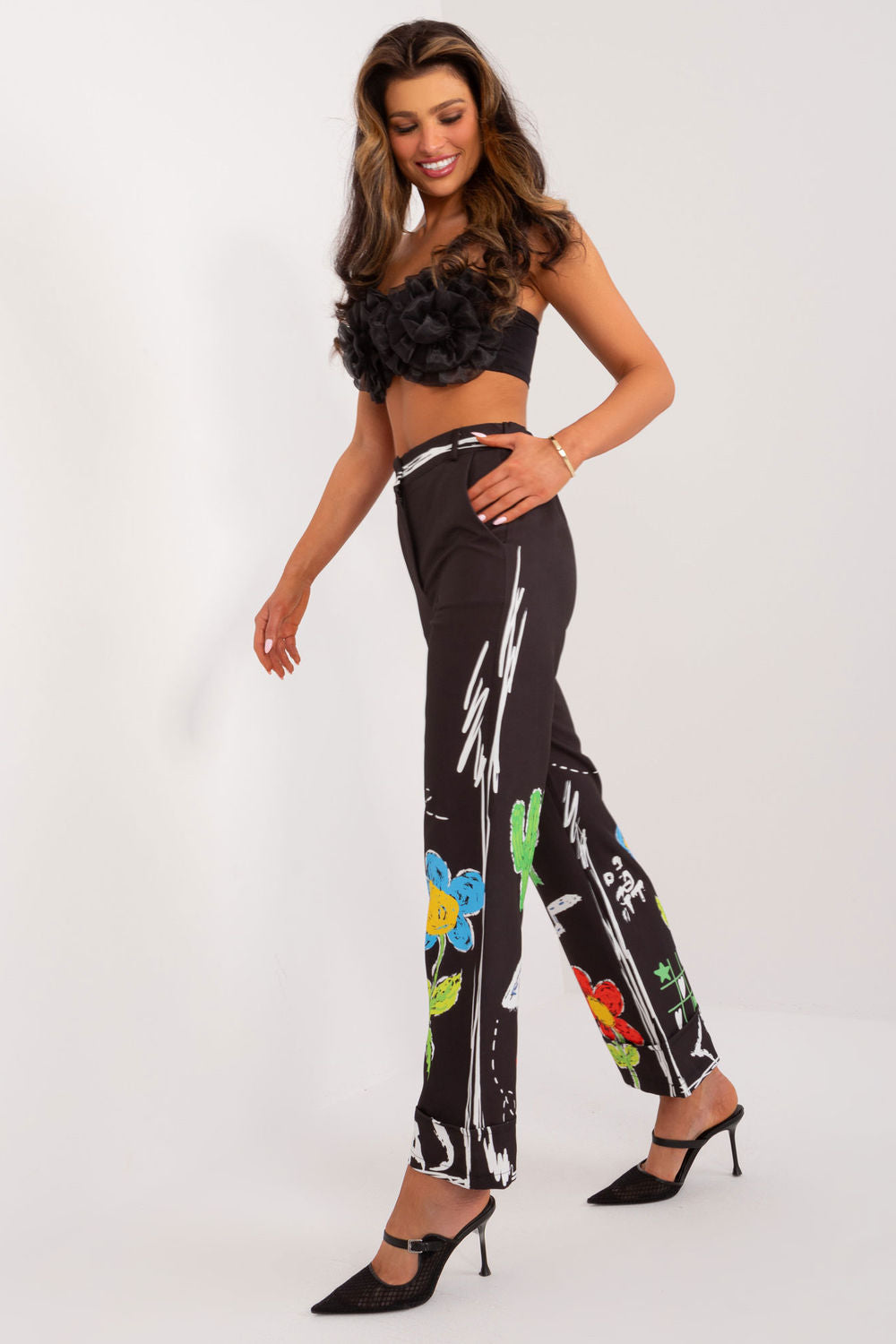 Italy Moda Black Printed Wide Leg High Waisted Trousers - view 2