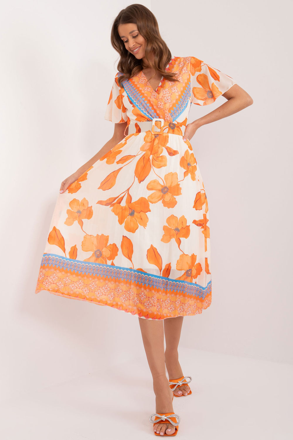 Italy Moda Orange Wrap Short Sleeve Dress with Belt