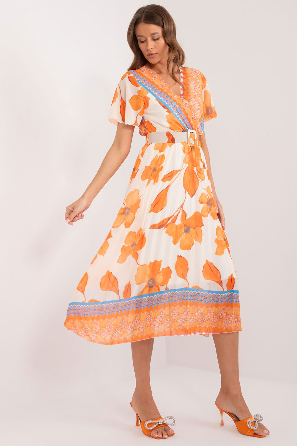 Italy Moda Orange Wrap Short Sleeve Dress with Belt - view 2