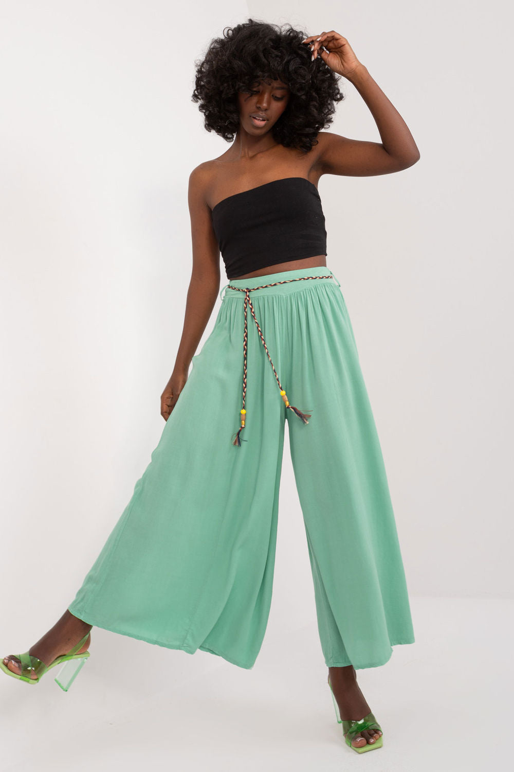 Och Bella Pistachio Wide Leg High Waisted Trousers