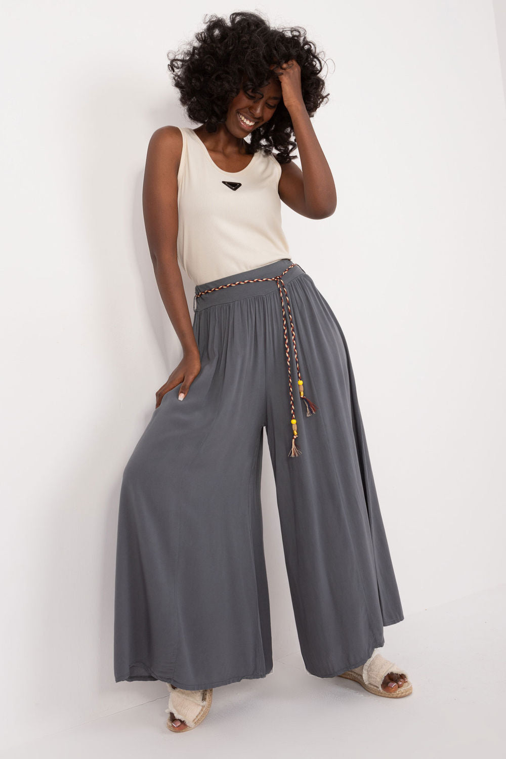 Och Bella Dark Grey Wide Leg High Waisted Trousers