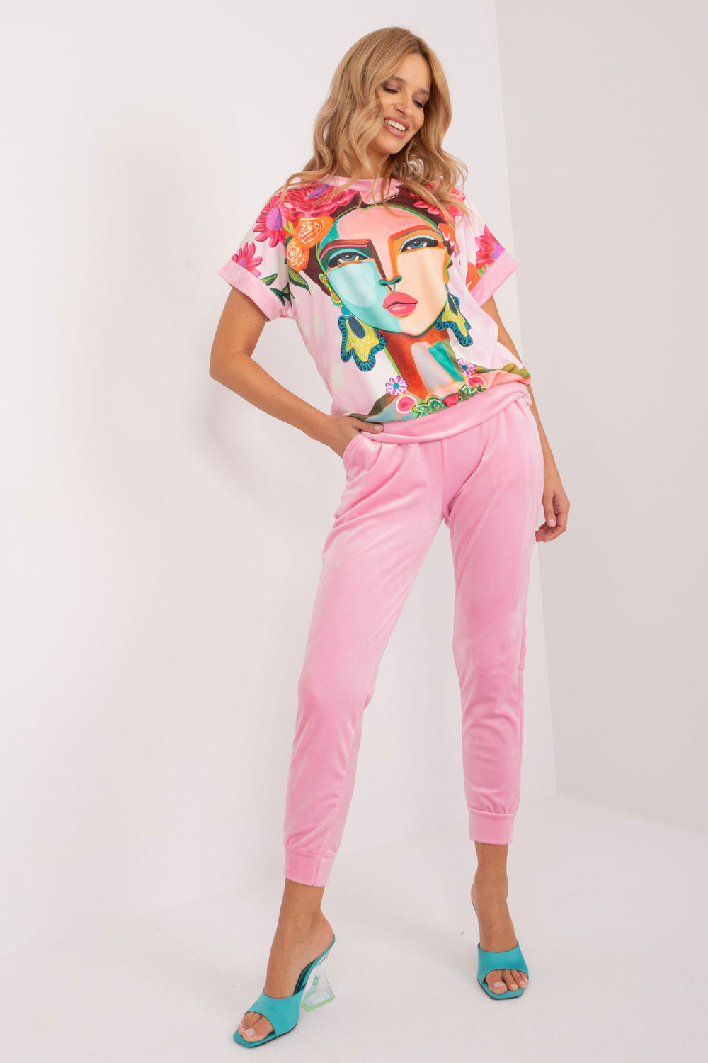 Rue Paris Light Pink Velvet High Waisted Short Sleeve Co-Ord Set