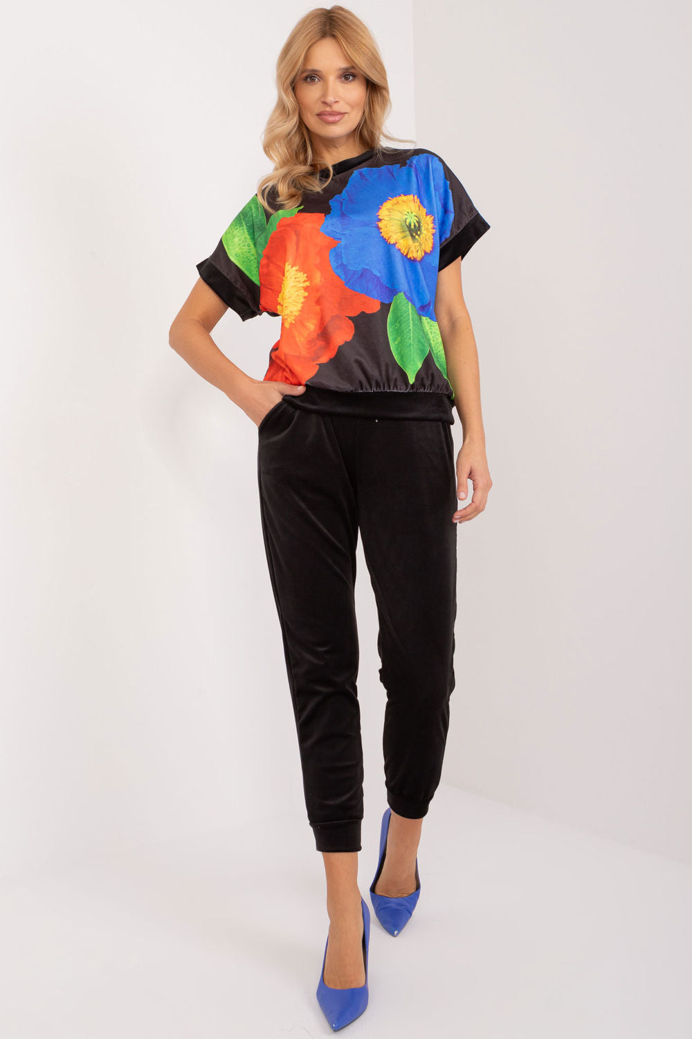 Rue Paris Black Velvet High Waisted Short Sleeve Co-Ord Set