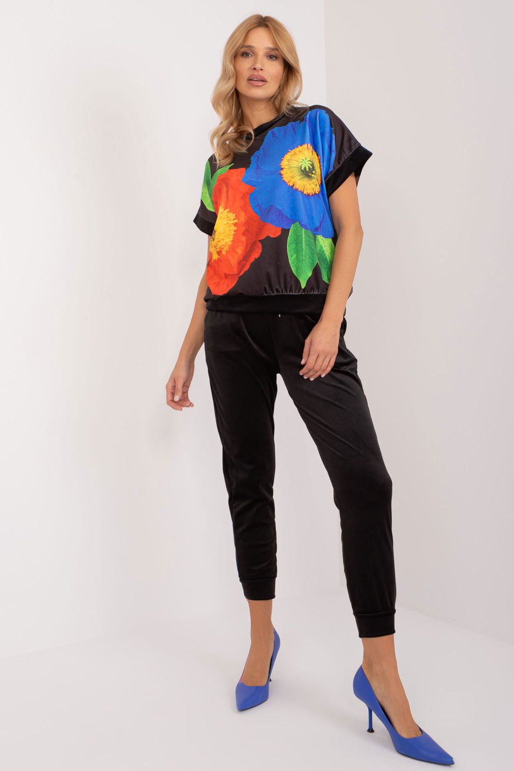 Rue Paris Black Velvet High Waisted Short Sleeve Co-Ord Set - view 2