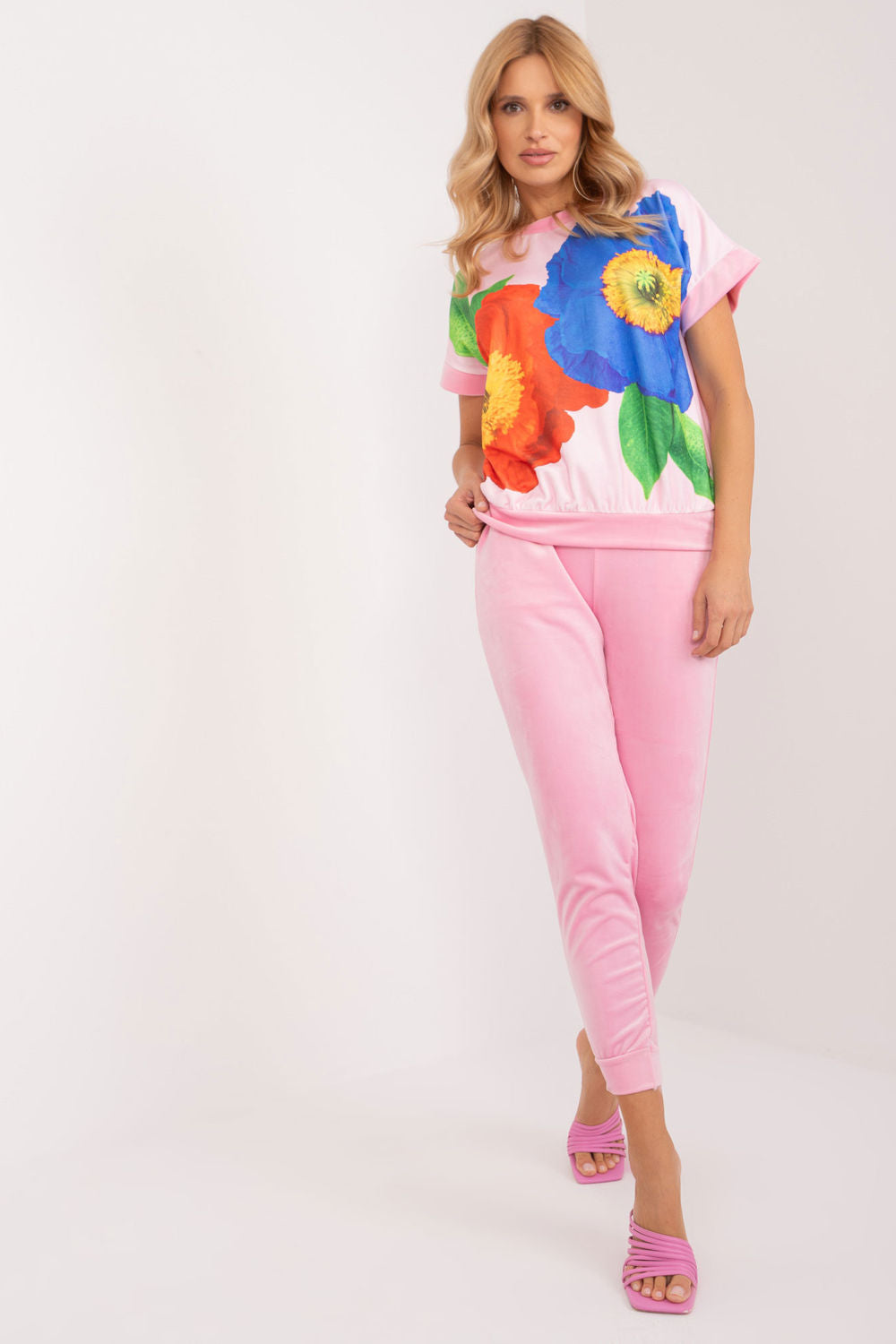 Rue Paris Light Pink Printed Velvet High Waisted Co-Ord Set