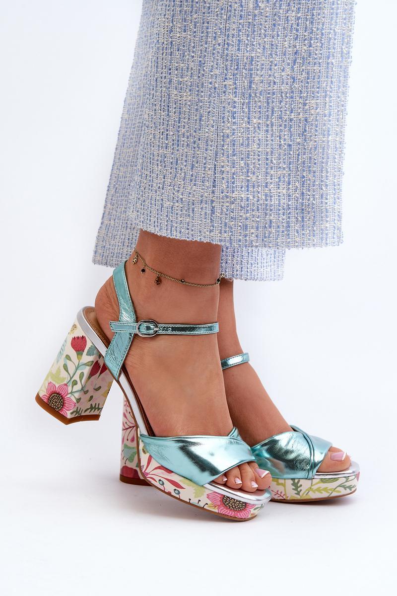 Step In Style Sky Blue Block Heel Floral Heeled Sandals
