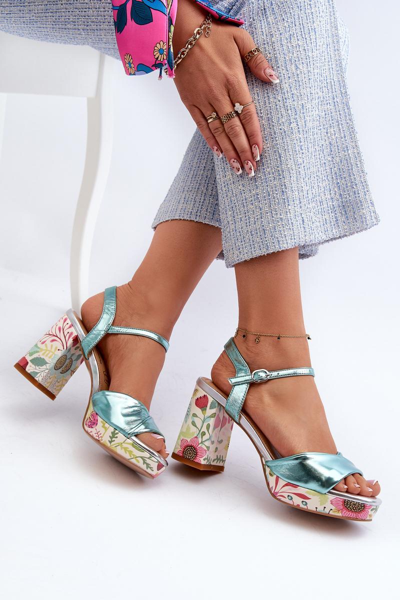 Step In Style Sky Blue Block Heel Floral Heeled Sandals - view 3