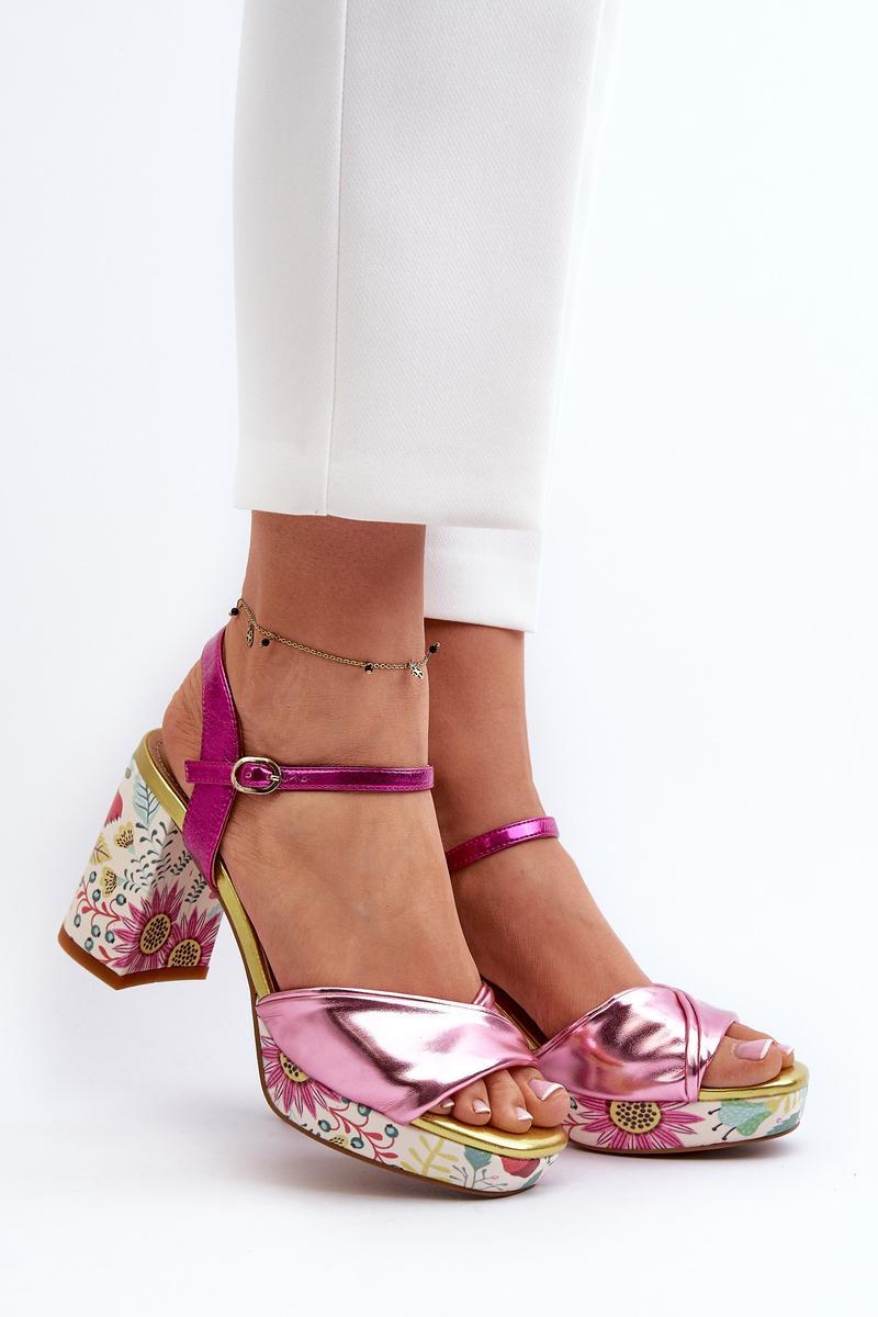 Step In Style Pink Block Heel Floral Heeled Sandals