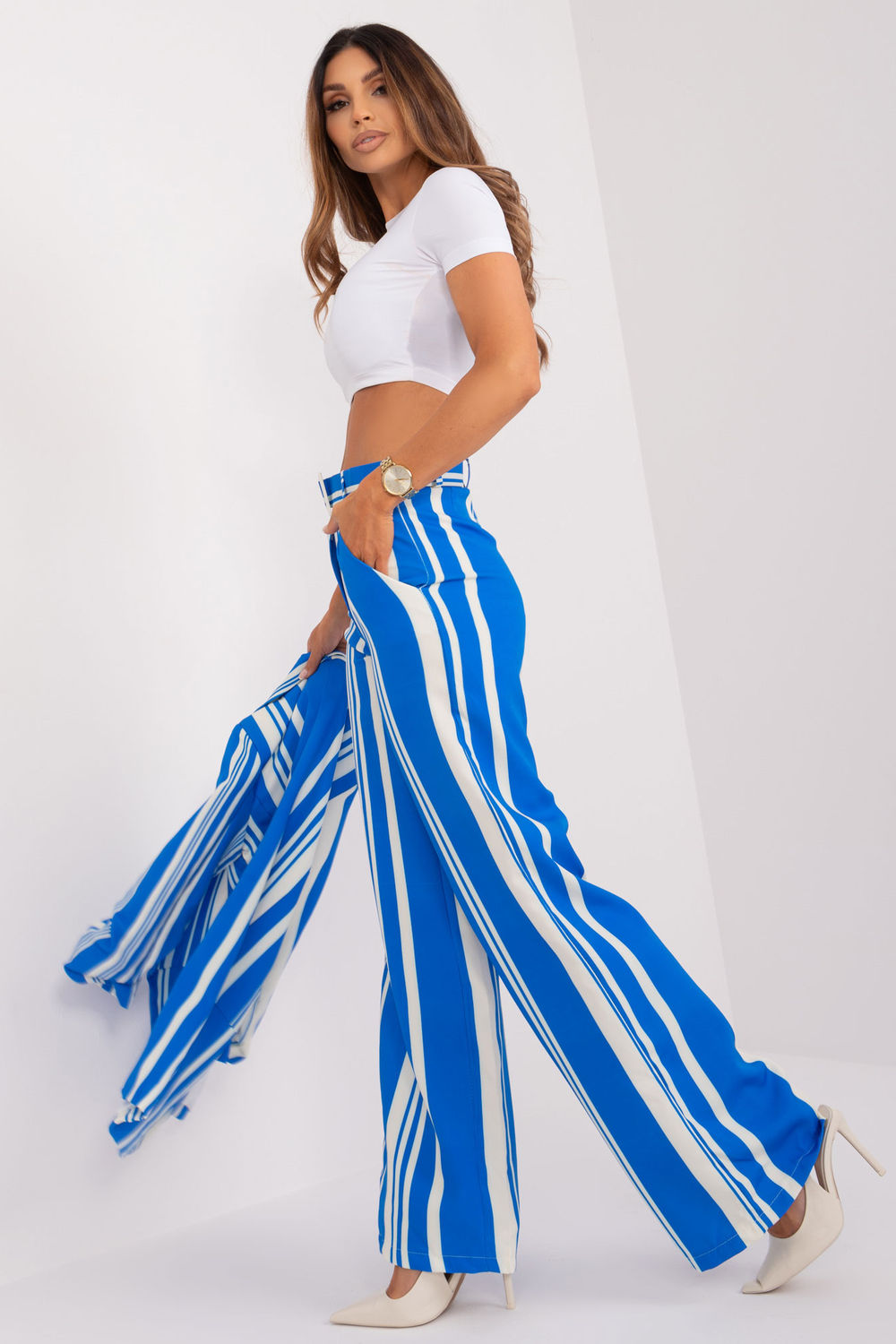 Italy Moda Dark Blue Striped Wide Leg Trousers - view 2