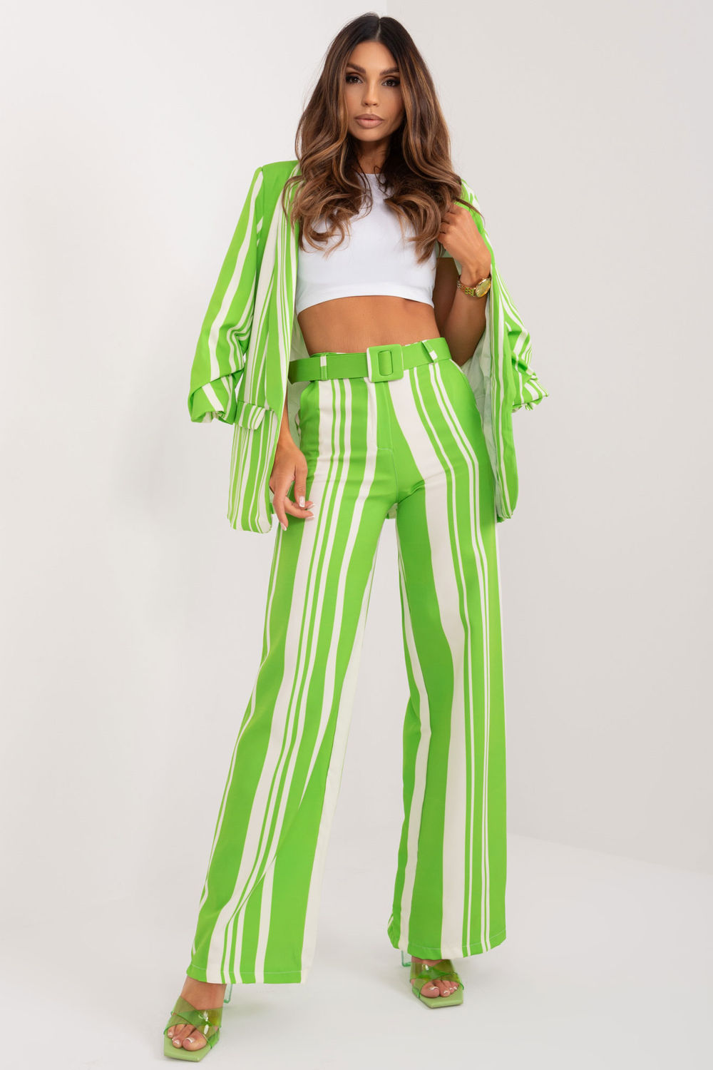 Italy Moda Light Green Striped Wide Leg Trousers
