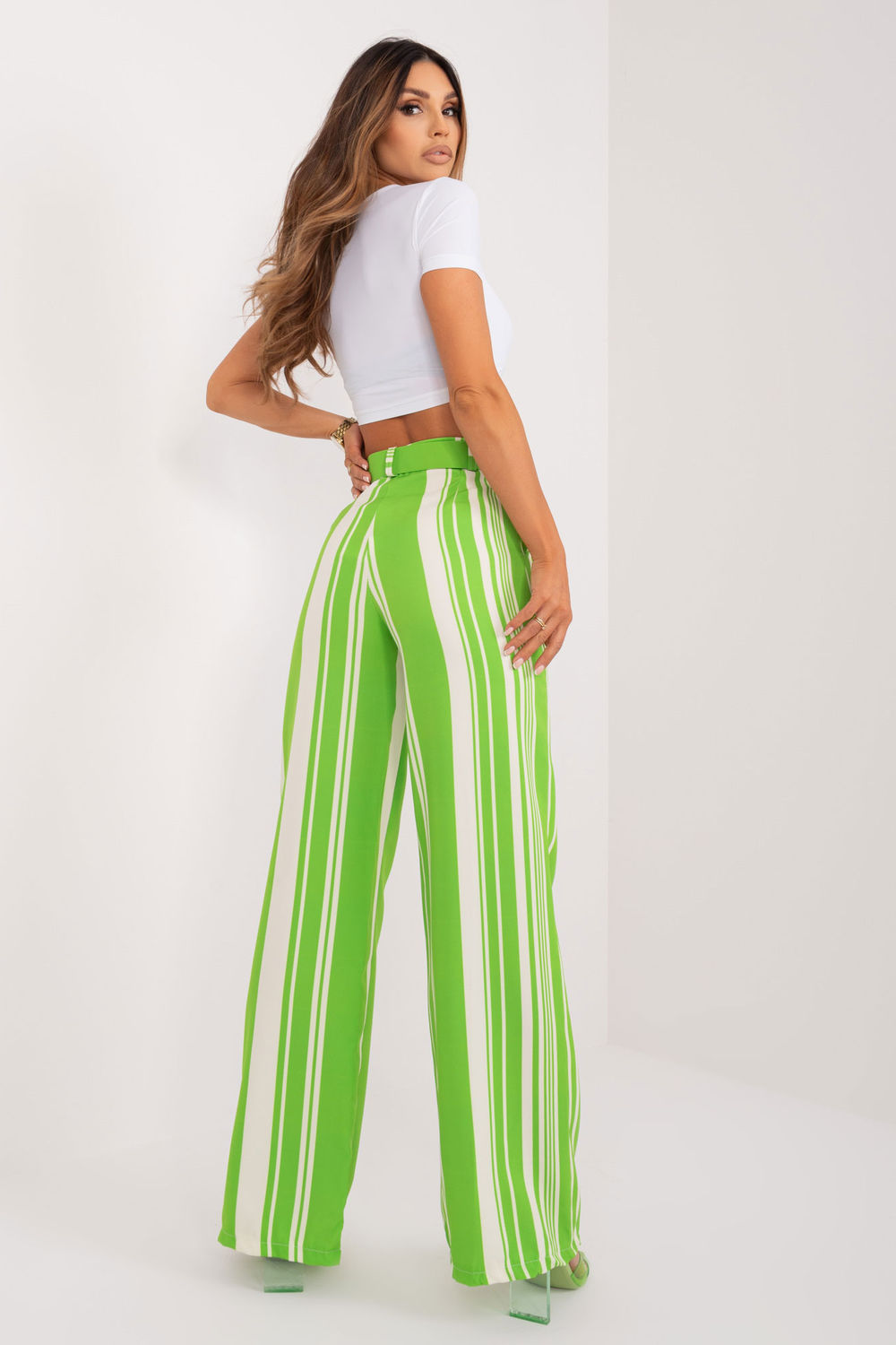 Italy Moda Light Green Striped Wide Leg Trousers - view 3