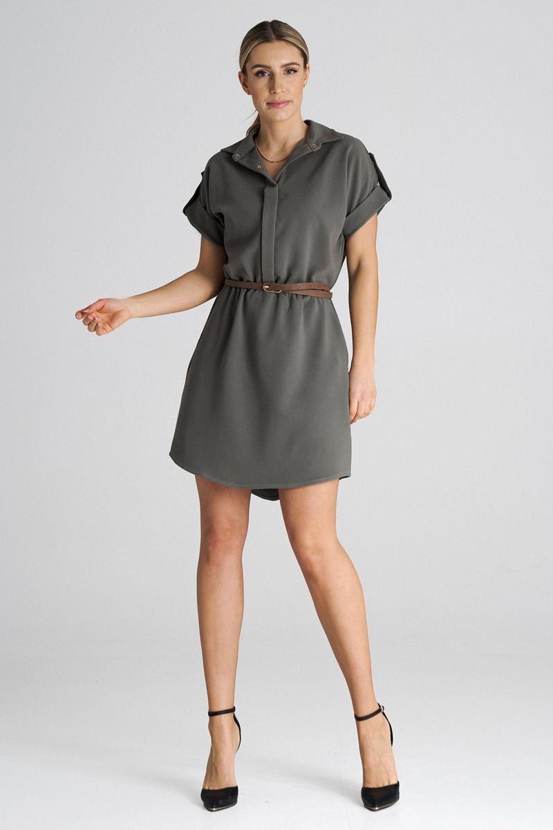 Figl Olive Collared Short Sleeve Dress