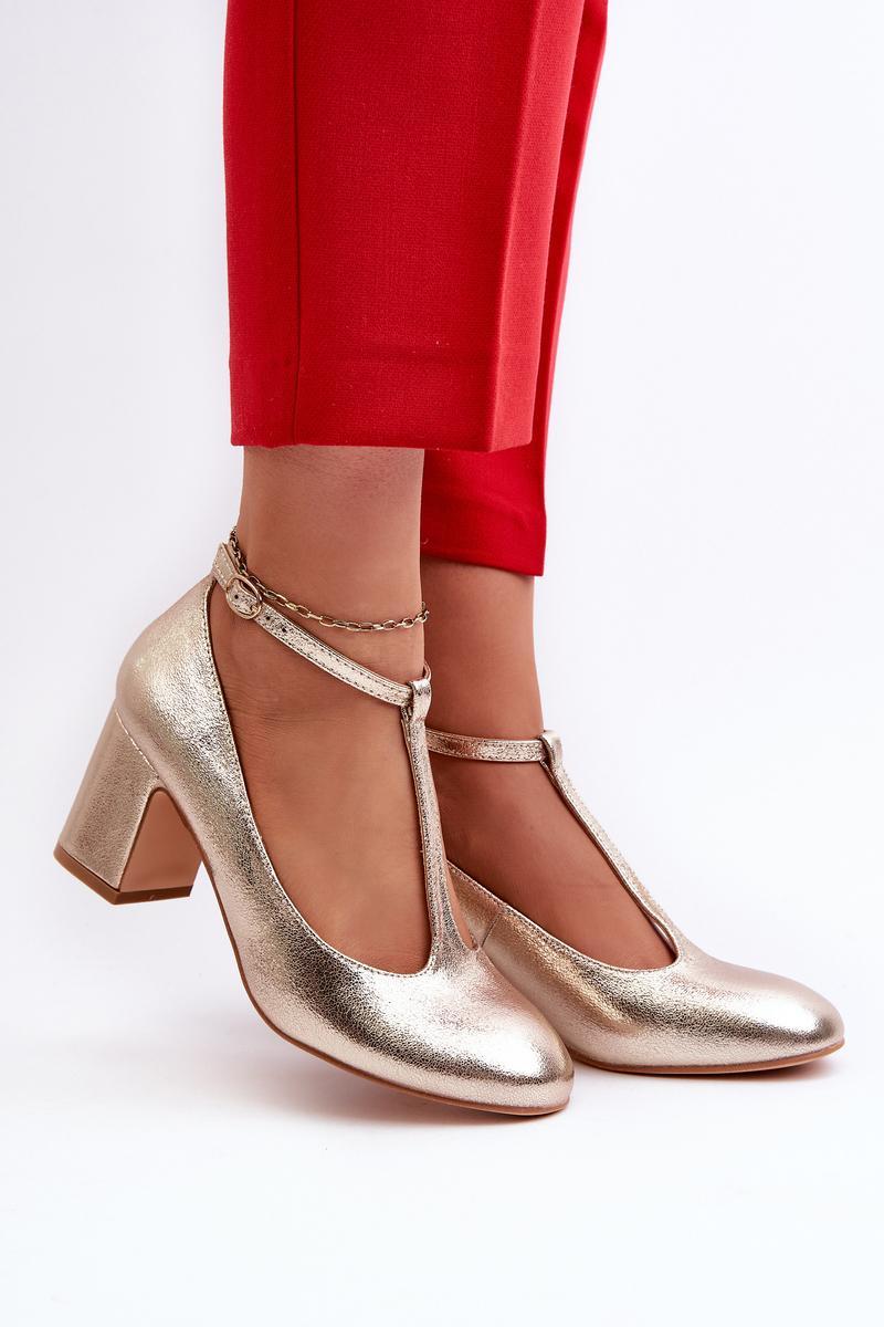 Step In Style Raniyah Gold Faux Leather Block Heel Court Shoes