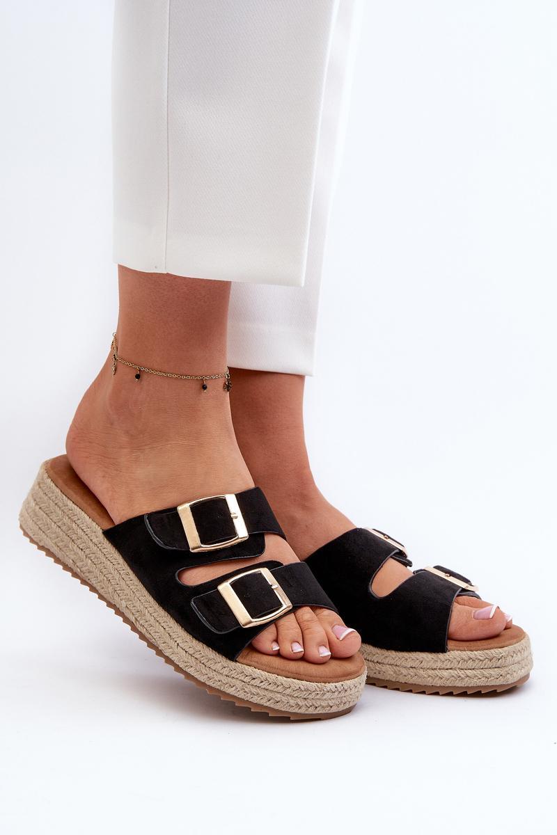 Step In Style Zaloemi Black Faux Suede Platform Wedge Sandals
