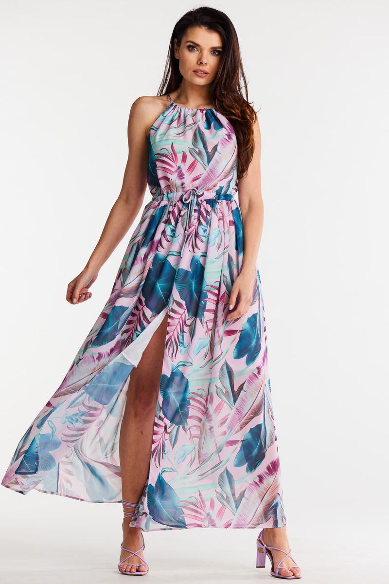 Awama Tropical Print Chiffon Sleeveless Dress