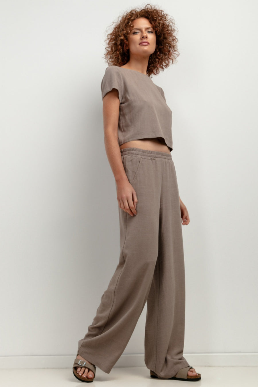 Tessita Mocha Viscose Linen Wide Leg Trousers