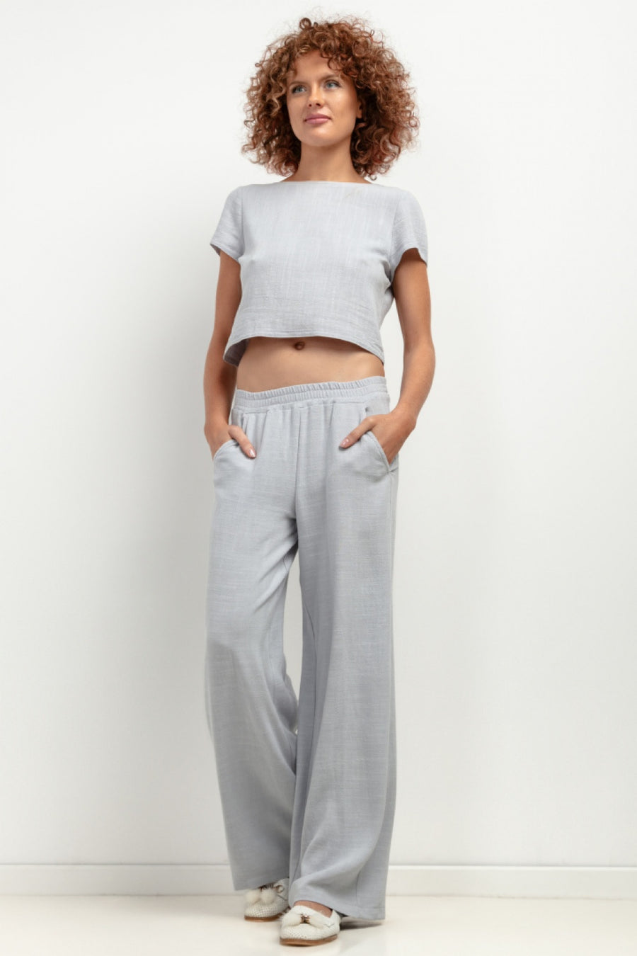 Tessita Grey Marl Viscose Linen Wide Leg Trousers