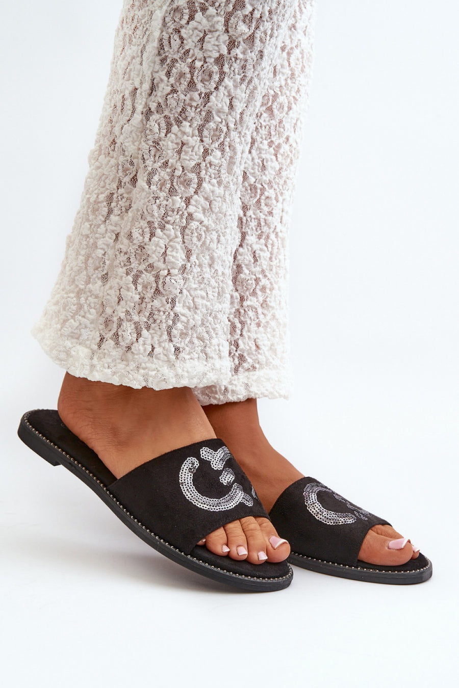 Step In Style Black Sequin Flat Flip Flops