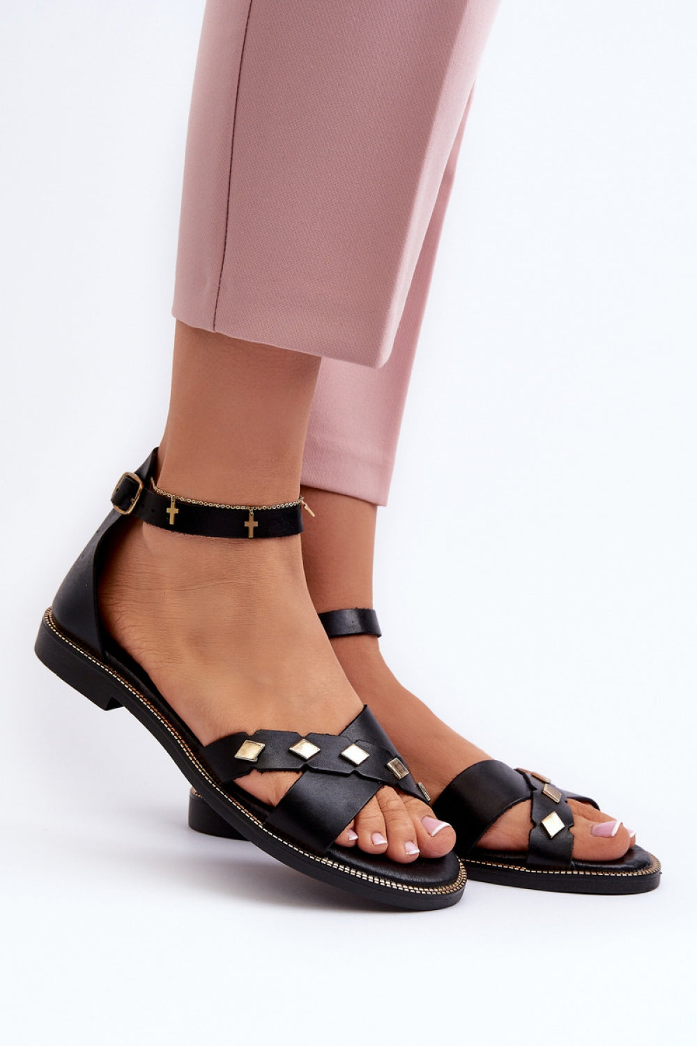 Step In Style Zazoo Black Leather Flat Sandals