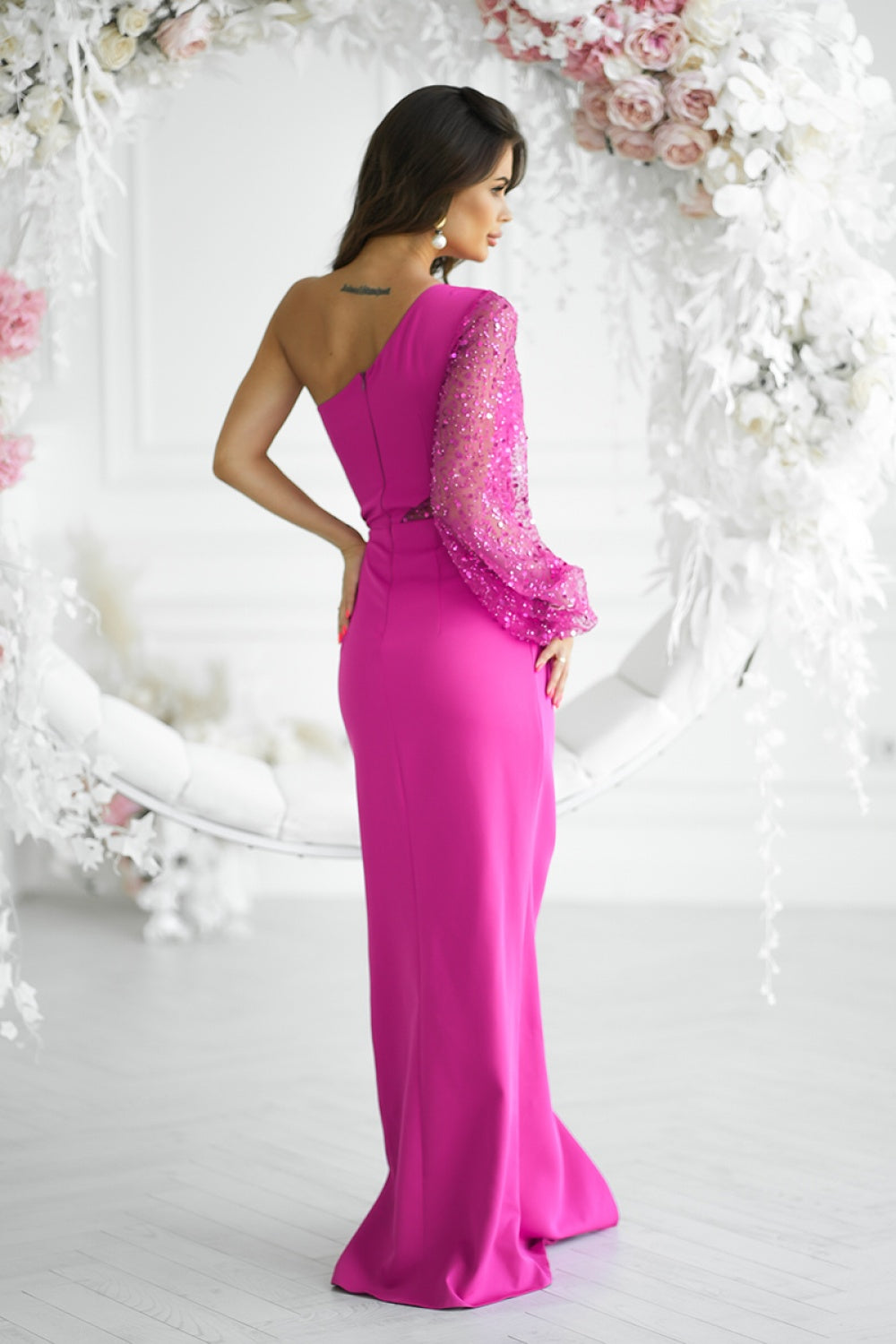 Bicotone Fuchsia Asymmetric Sequin Maxi Dress - view 3