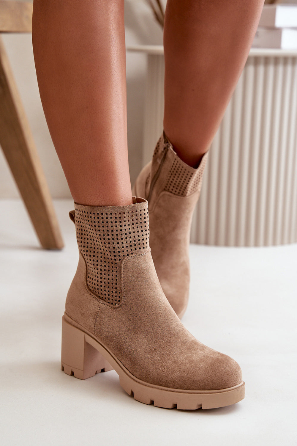 Step In Style Rashmi Beige Faux Suede Block Heel Heeled Ankle Boots - view 3