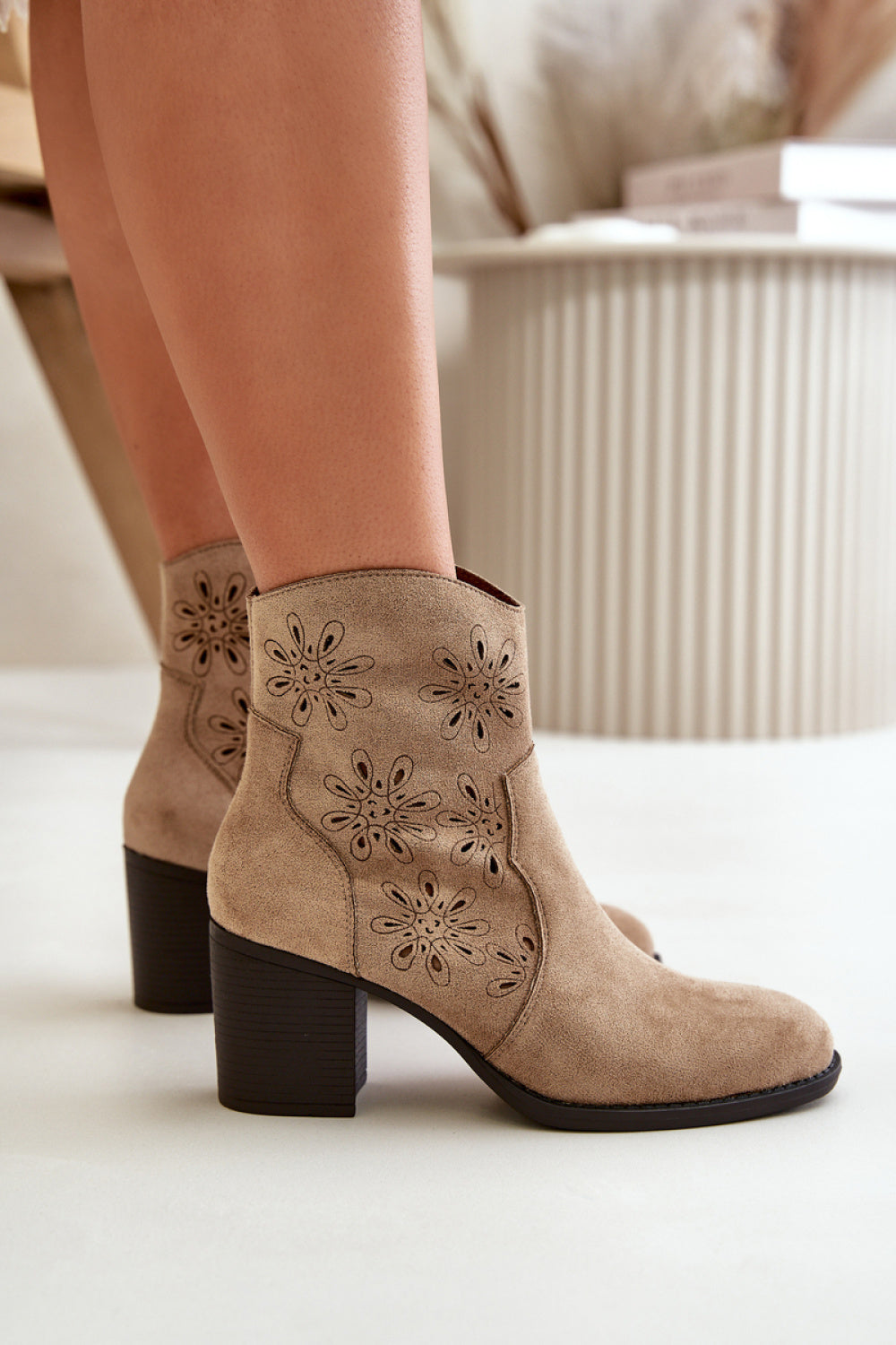 Step In Style Nevishiia Beige Leather Block Heel Heeled Ankle Boots - view 3