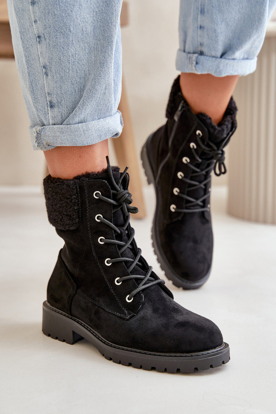 Step In Style Mivael Black Faux Suede Lace Up Ankle Boots