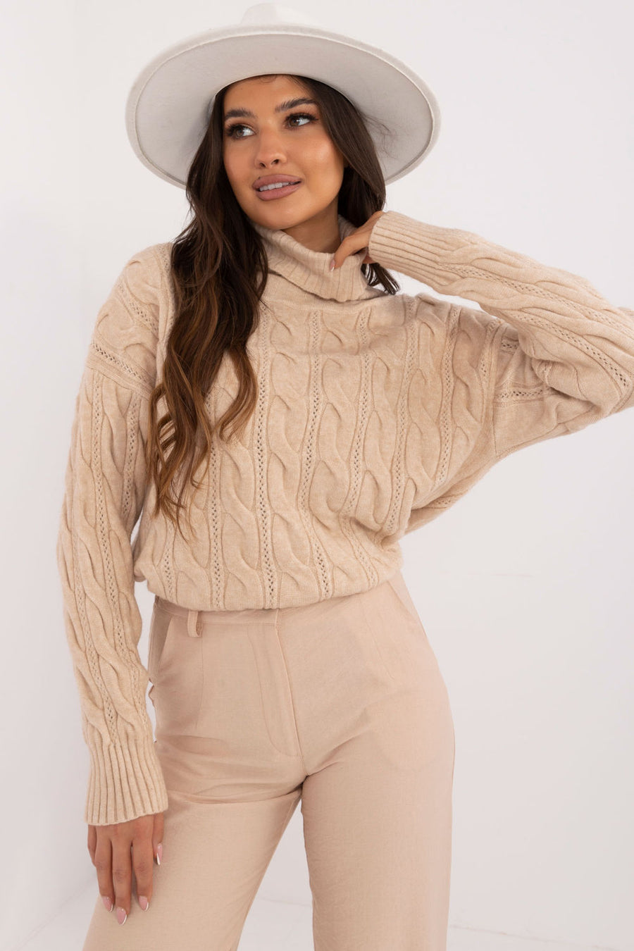 AT Beige Long Sleeve Roll Neck Jumper