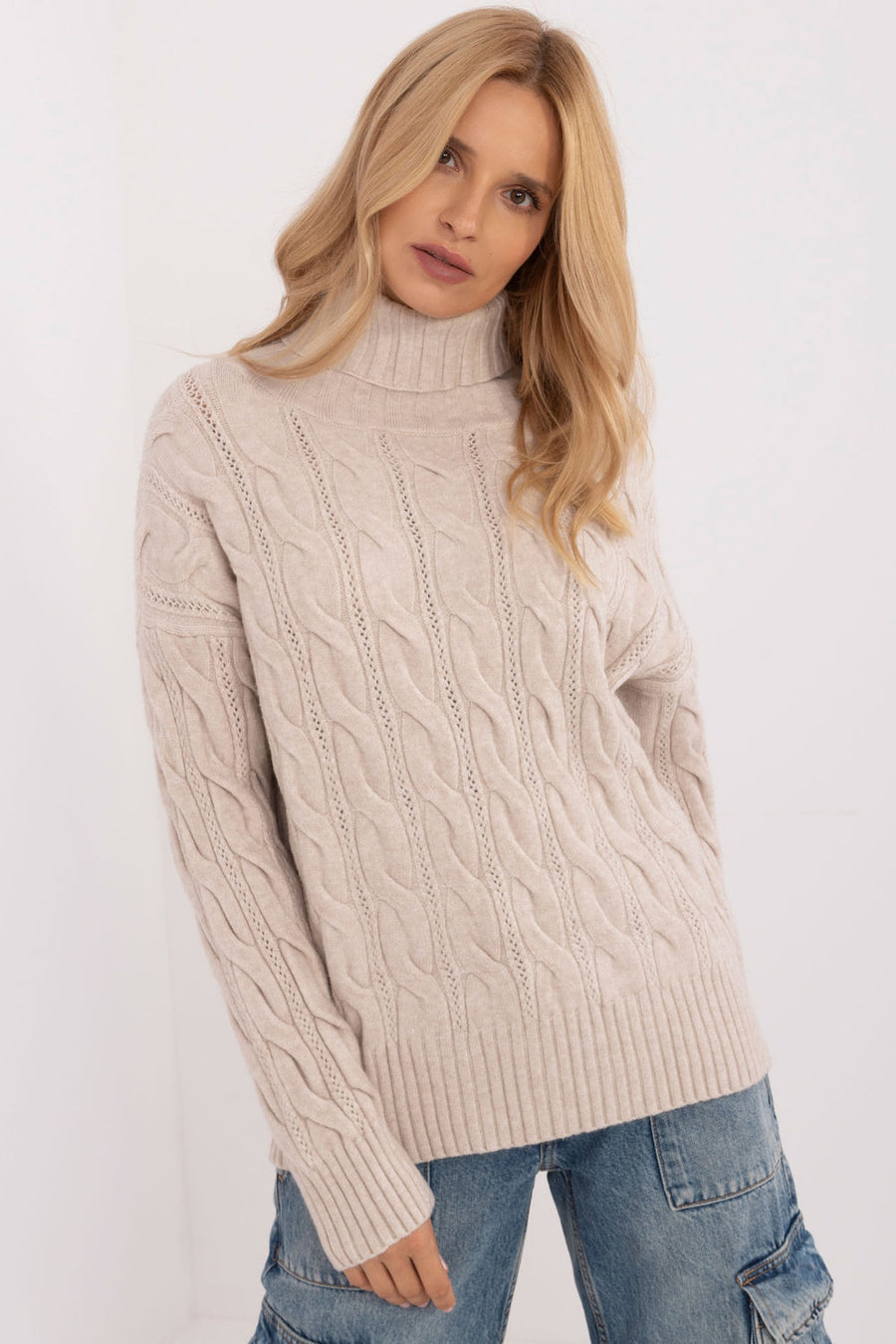 AT Light Beige Long Sleeve Roll Neck Jumper