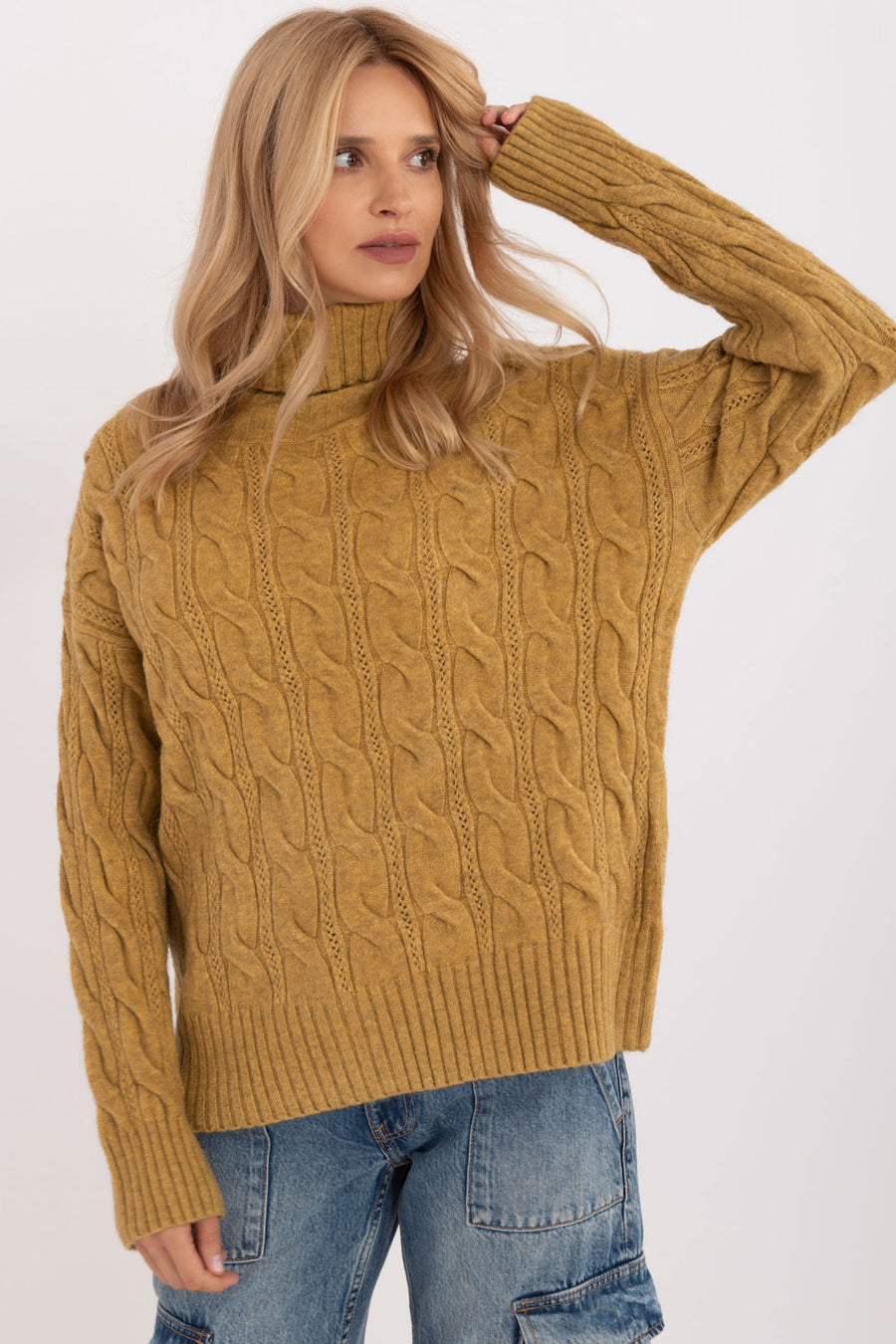 AT Olive Acrylic Long Sleeve Roll Neck Jumper