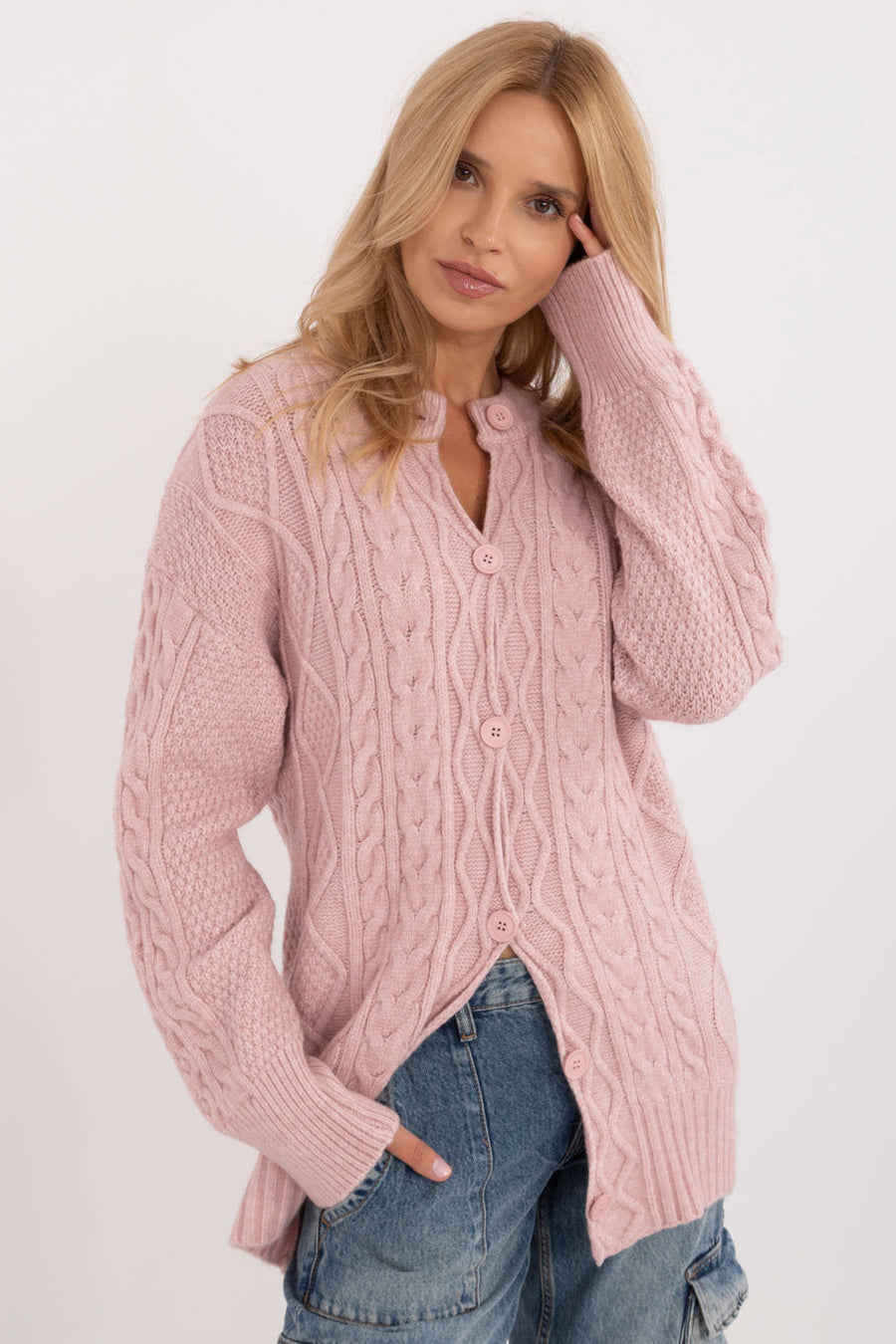 AT Light Pink Round Neck Long Sleeve Cardigan