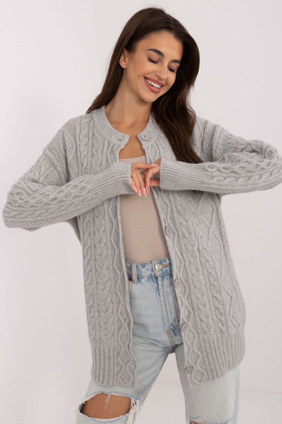 AT Grey Round Neck Long Sleeve Cardigan