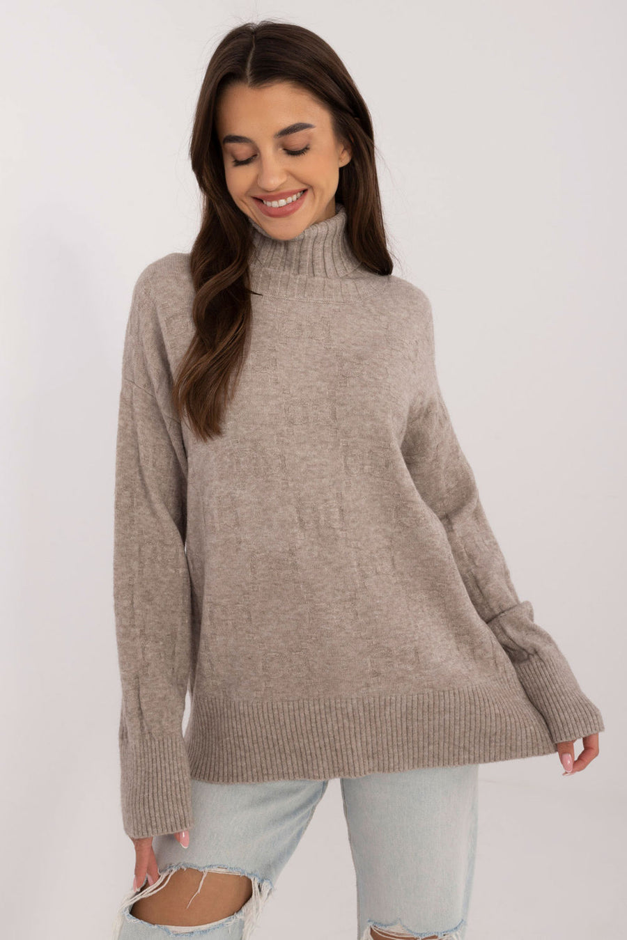 AT Dark Beige Acrylic Long Sleeve Roll Neck Jumper