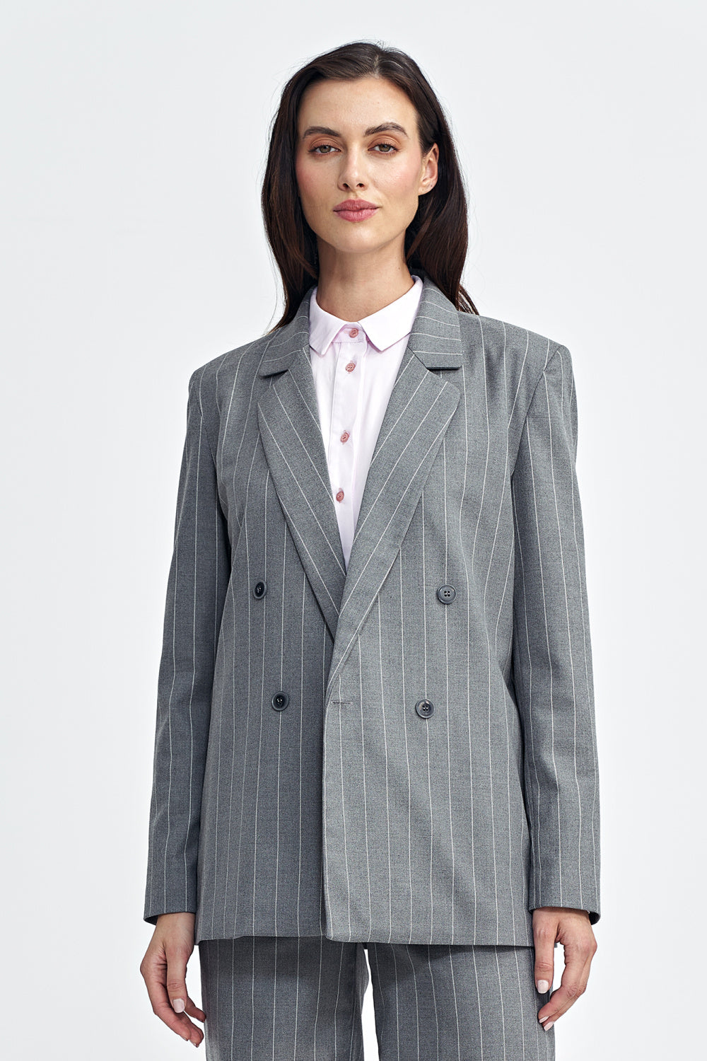 Nife Grey Striped Oversized Jacket