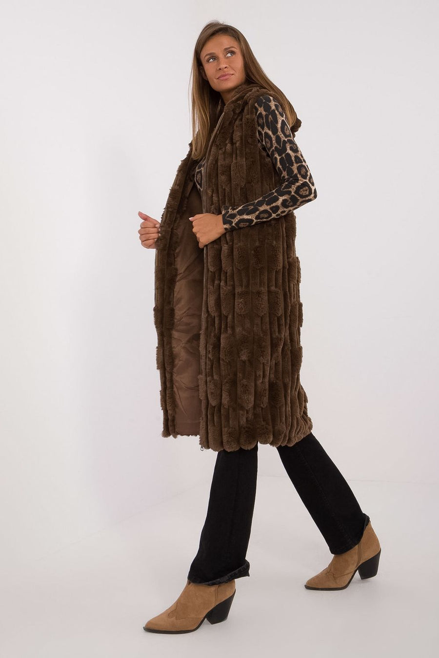 AT Dark Brown Hooded Zip Up Gilet