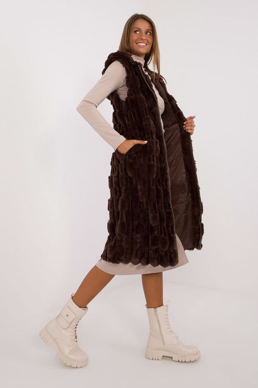 AT Dark Brown Polyester Hooded Zip Up Gilet
