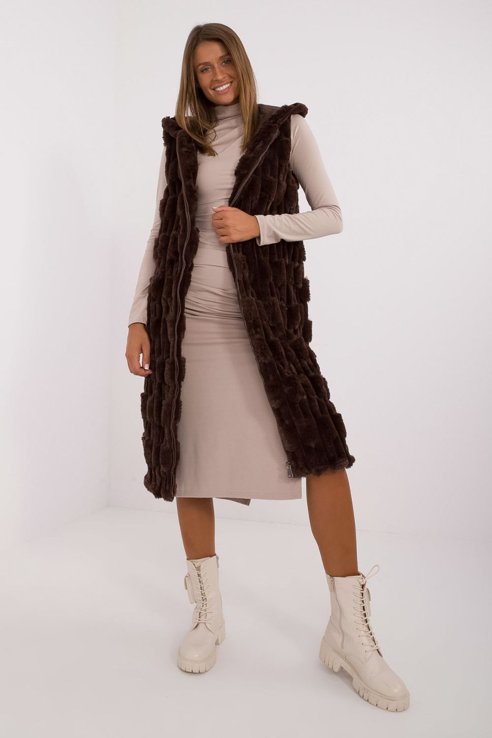 AT Dark Brown Polyester Hooded Zip Up Gilet - view 3