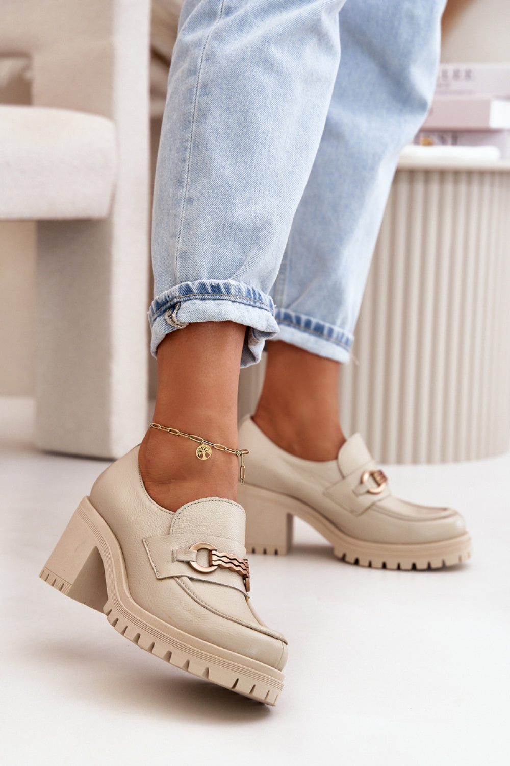 Step In Style Zazoo Light Beige Block Heel Heeled Shoes
