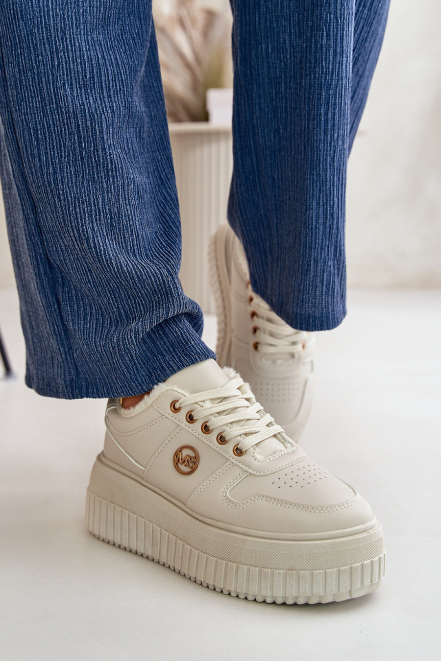 Step In Style Beige Faux Leather Platform Trainers with Lining